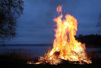 Vuur. Foto: onbekend Een groot, hoog vuur in de open buitenland. Het is verre schemering, maar nog niet helemaal donker. Links is het silhouet van een loofboom zichtbaar. Op de achtergrond is eerst riet en daarachter water te zien. Ook is een stuk bewolkte lucht zichtbaar.